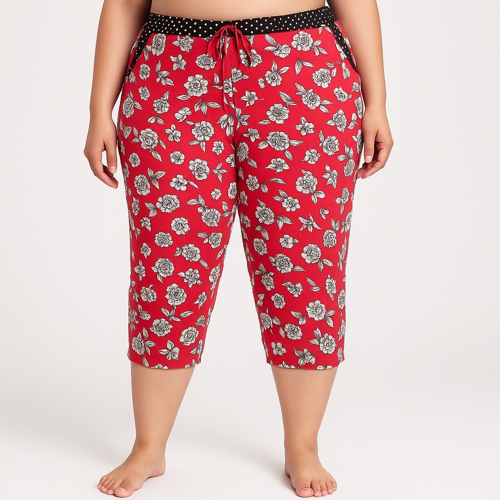 Torrid Floral Capri Lounge Pants Black Contrast Print Waistband Red Plus Size 5X